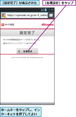 ホームキーをタップし、インターネットを終了してよい,［各種設定］をタップ,［設定完了］が表示された
