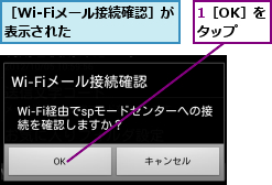1［OK］をタップ,［Wi-Fiメール接続確認］が表示された      