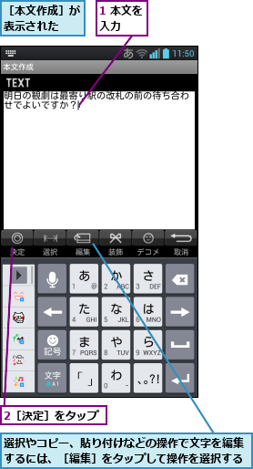1 本文を入力  ,2［決定］をタップ,選択やコピー、貼り付けなどの操作で文字を編集するには、［編集］をタップして操作を選択する,［本文作成］が表示された  