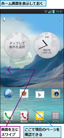 ここで現在のページを確認できる    ,ホーム画面を表示しておく,画面を左にスワイプ