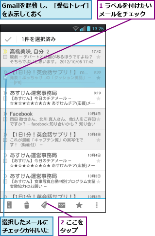 1 ラベルを付けたいメールをチェック  ,2 ここをタップ  ,Gmailを起動 し、［受信トレイ］を表示しておく      ,選択したメールにチェックが付いた