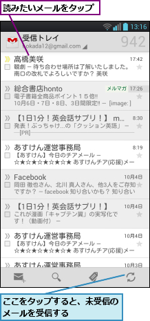ここをタップすると、未受信のメールを受信する      ,読みたいメールをタップ