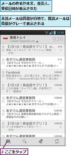 2 ここをタップ,メールの件名や本文、差出人、受信日時が表示された    ,未読メールは背景が白地で、既読メールは背景がグレーで表示される      