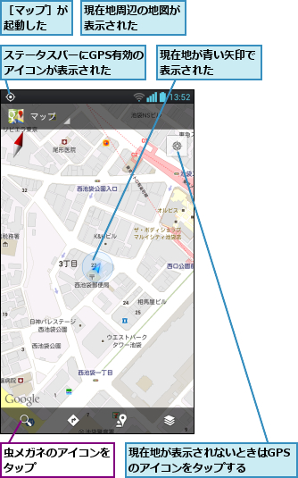 ステータスバーにGPS有効のアイコンが表示された  ,現在地が表示されないときはGPSのアイコンをタップする,現在地が青い矢印で表示された    ,現在地周辺の地図が表示された    ,虫メガネのアイコンをタップ      ,［マップ］が起動した  