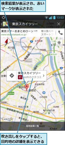 吹き出しをタップすると、目的地の詳細を表示できる,検索結果が表示され、赤いマークが表示された  