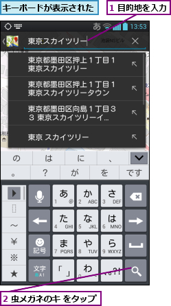 1 目的地を入力,2 虫メガネのキ をタップ,キーボードが表示された