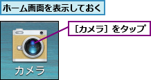 ホーム画面を表示しておく,［カメラ］をタップ