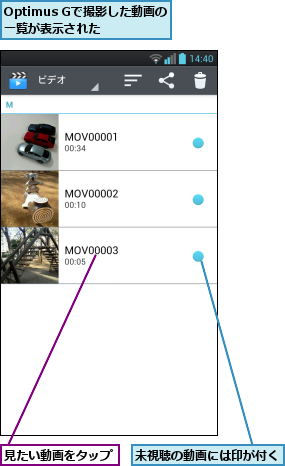 Optimus Gで撮影した動画の一覧が表示された,未視聴の動画には印が付く,見たい動画をタップ