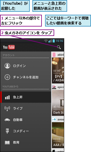 1 メニュー以外の部分で左にフリック      ,2 虫メガネのアイコンを タップ,ここではキーワードで視聴したい動画を検索する  ,メニューと急上昇の動画が表示された,［YouTube］が起動した