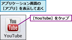 アプリケーション画面の ［アプリ］を表示しておく          ,［YouTube］をタップ