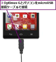 3 Optimus GとパソコンをmicroUSB接続ケーブルで接続