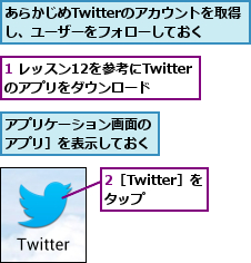 1 レッスン12を参考にTwitterのアプリをダウンロード,2［Twitter］をタップ  ,あらかじめTwitterのアカウントを取得し、ユーザーをフォローしておく,アプリケーション画面の［アプリ］を表示しておく