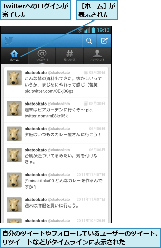 Twitterへのログインが完了した    ,自分のツイートやフォローしているユーザーのツイート、リツイートなどがタイムラインに表示された      ,［ホーム］が表示された