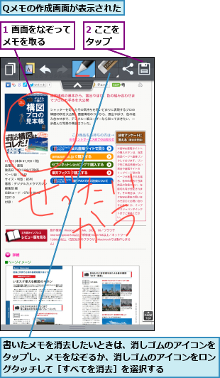 1 画面をなぞってメモを取る    ,2 ここをタップ  ,Qメモの作成画面が表示された,書いたメモを消去したいときは、消しゴムのアイコンをタップし、メモをなぞるか、消しゴムのアイコンをロングタッチして［すべてを消去］を選択する