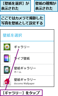 ここではカメラで撮影した写真を壁紙として設定する,壁紙の種類が表示された,［ギャラリー］をタップ,［壁紙を選択］が表示された  