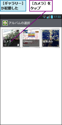 ［カメラ］をタップ  ,［ギャラリー］が起動した  