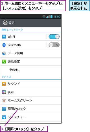 1 ホーム画面でメニューキーをタップし、［システム設定］をタップ        ,2［画面のロック］をタップ,［設定］が表示された
