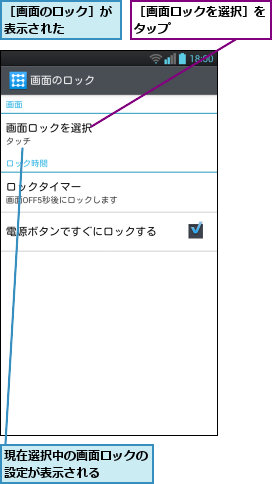 現在選択中の画面ロックの設定が表示される    ,［画面のロック］が表示された    ,［画面ロックを選択］をタップ        