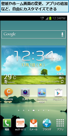 壁紙やホーム画面の変更、アプリの追加など、自由にカスタマイズできる  