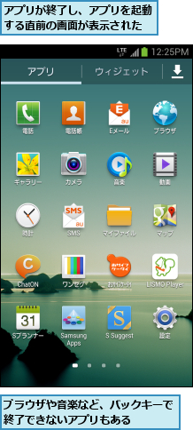 アプリが終了し、アプリを起動する直前の画面が表示された,ブラウザや音楽など、バックキーで終了できないアプリもある    