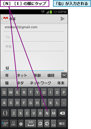 「ね」が入力される,［Ｎ］［Ｅ］の順にタップ