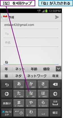 「ね」が入力される,［な］ を4回タップ