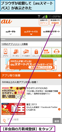 ブラウザが起動して［auスマートパス］が表示された       ,［非会員の方新規登録］をタップ