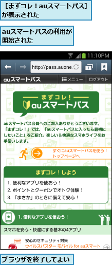 auスマートパスの利用が開始された    ,ブラウザを終了してよい,［まずコレ！auスマートパス］が表示された      