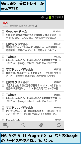 GALAXY S III ProgreでGmailなどのGoogleのサービスを使えるようになった,Gmailの［受信トレイ］が表示された    