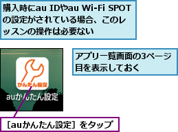 アプリ一覧画面の3ページ目を表示しておく   ,購入時にau IDやau Wi-Fi SPOTの設定がされている場合、このレ ッスンの操作は必要ない,［auかんたん設定］をタップ