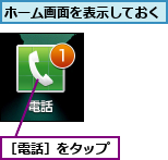 ホーム画面を表示しておく,［電話］をタップ