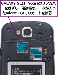 GALAXY S III Progreのリアカバーをはずし、電話帳のデータが入っ   たmicroSDメモリカードを装着