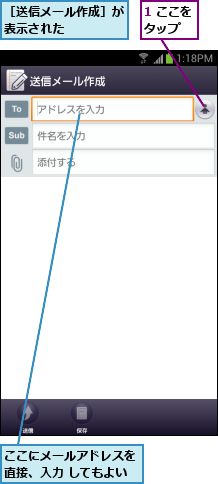 1 ここをタップ  ,ここにメールアドレスを直接、入力 してもよい,［送信メール作成］が表示された    