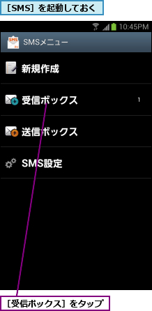 ［SMS］を起動しておく,［受信ボックス］をタップ