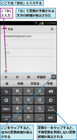 1「か」と入力,「か」で変換が予測される文字の候補が表示された,ここでは「会社」と入力する,ここをタップすると、ほかの変換候補が表示される,変換キーをタップすると、予測変換を利用しない変換候補が表示される