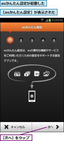 auかんたん設定が起動した,［auかんたん設定］が表示された,［次へ］をタップ