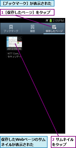 1［保存したページ］をタップ,2 サムネイルをタップ   ,保存したWebページのサムネイルが表示された  ,［ブックマーク］が表示された