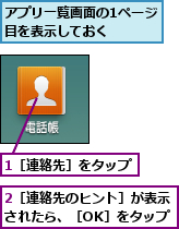 1［連絡先］をタップ,2［連絡先のヒント］が表示されたら、［OK］をタップ,アプリ一覧画面の1ページ目を表示しておく   