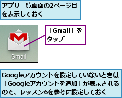 Googleアカウントを設定していないときは［Googleアカウントを追加］が表示されるので、レッスン6を参考に設定しておく,アプリ一覧画面の2ページ目を表示しておく     ,［Gmail］をタップ