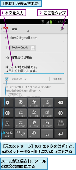 1 本文を入力,メールが送信され、メールの本文の画面に戻る   ,２ ここをタップ,［元のメッセージ］のチェックをはずすと、元のメッセージを引用しないようにできる,［返信］が表示された