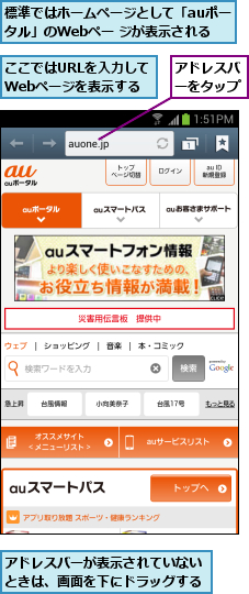 ここではURLを入力してWebページを表示する,アドレスバーが表示されていないときは、画面を下にドラッグする,アドレスバーをタップ,標準ではホームページとして「auポータル」のWebペー ジが表示される