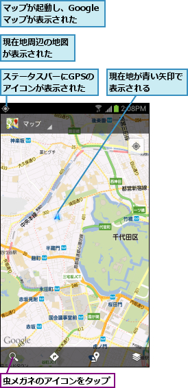 ステータスバーにGPSのアイコンが表示された,マップが起動し、Googleマップが表示された,現在地が青い矢印で表示される   ,現在地周辺の地図が表示された  ,虫メガネのアイコンをタップ