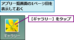 アプリ一覧画面の1ページ目を表示しておく        ,［ギャラリー］をタップ