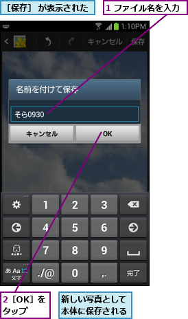 1 ファイル名を入力,2［OK］をタップ,新しい写真として本体に保存される,［保存］ が表示された