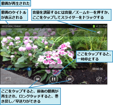 ここをタップすると、一時停止する   ,ここをタップすると、前後の動画が再生され、ロングタッチすると、巻き戻し／早送りができる,動画が再生された,動画のタイトルが表示される,音量を調節するには音量／ズームキーを押すか、ここをタップしてスライダーをドラッグする  