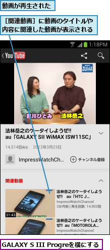 GALAXY S III Progreを横にする,動画が再生された,［関連動画］に動画のタイトルや内容に関連した動画が表示される