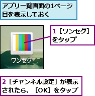 1［ワンセグ］をタップ   ,2［チャンネル設定］が表示されたら、［OK］をタップ,アプリ一覧画面の1ページ目を表示しておく    