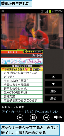 バックキーをタップすると、再生が終了し、手順3の画面に戻る  ,番組が再生された