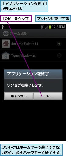 ワンセグが終了する,ワンセグはホームキーで終了できないので、必ずバックキーで終了する,［OK］をタップ,［アプリケーションを終了］が表示された      