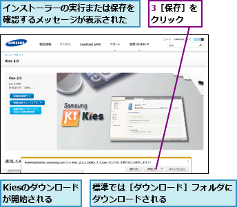 3［保存］をクリック  ,Kiesのダウンロードが開始される,インストーラーの実行または保存を確認するメッセージが表示された,標準では［ダウンロード］フォルダにダウンロードされる        